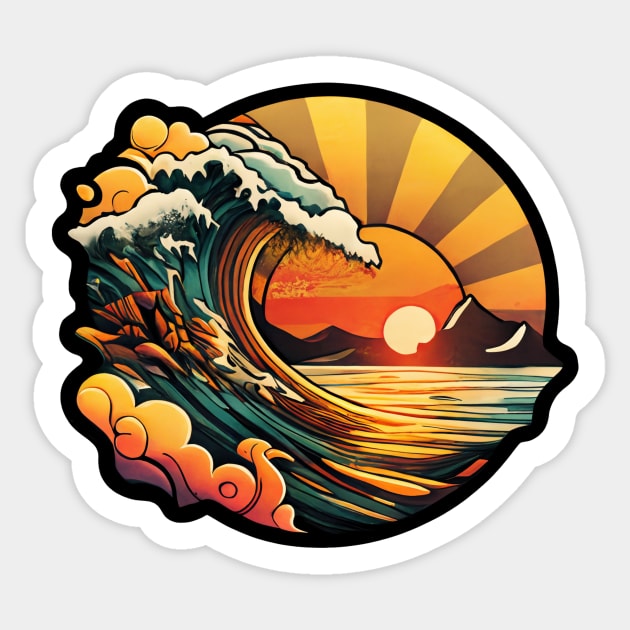 Wave curling at sunset in vintage colors Sticker by melbournedesign